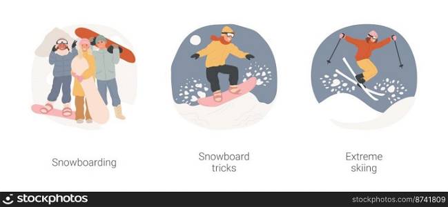 Winter extreme sports isolated cartoon vector illustration set. Snowboarding together, teenagers holding equipment, snowboard tricks, teenager enjoy skiing, making stunt vector cartoon.. Winter extreme sports isolated cartoon vector illustration set.