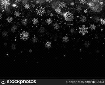 Winter falling snow. Snowflakes fall, christmas decorations snowflake and snowed flakes snowstorm. Falling flake drops dust splash new year magical storm isolated vector background. Winter falling snow. Snowflakes fall, christmas decorations snowflake and snowed snowstorm isolated vector background