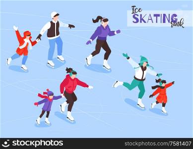 Winter family vacation holiday outdoor activities isometric composition with parents and kids enjoying ice skating vector illustration