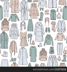 Winter fashion. Hand drawn women&rsquo;s clothing and shoes. Vector seamless pattern. Sketch illustration. Women&rsquo;s clothing and shoes. Vector seamless pattern.