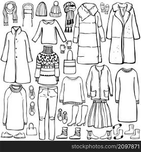 Winter fashion. Hand drawn women&rsquo;s clothing and shoes. Vector sketch illustration.. Women&rsquo;s clothing and shoes. Vector sketch illustration.