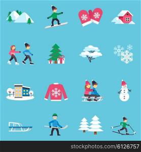 Winter Flat Icons Set. Winter season flat icons collection with presents under christmas tree and warm clothes abstract isolated vector illustration