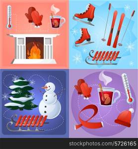 Winter flat set with mittens ski thermometer fireplace isolated vector illustration