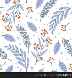 Winter floral plants seamless pattern. Christmas holiday botanical background, fir tree and berries branches and leaves. Racy seasonal fabric vector template of seamless winter pattern illustration. Winter floral plants seamless pattern. Christmas holiday botanical background, fir tree and berries branches and leaves. Racy seasonal fabric print vector template