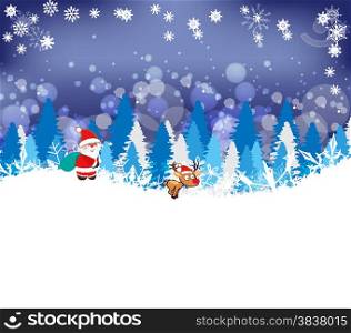 Winter forest background with deer and santaclaus