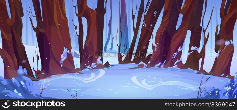 Winter forest landscape with snow and bare trees. Scenery frozen nature cartoon background with trunks and snowstorm wind in fantasy wood, beautiful wild park or garden game scene, Vector illustration. Winter forest landscape with snow and bare trees