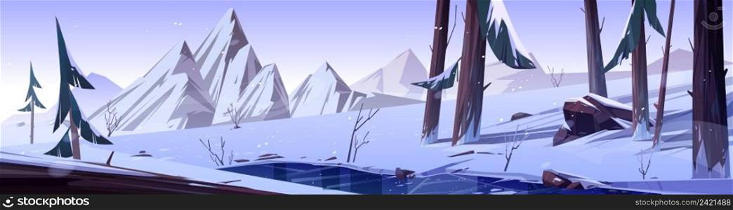 Winter forest nature landscape with frozen pond, conifers trees and mountains covered with snow. Cartoon background of wild park or garden with icy lake, rocks, pines and bushes, Vector illustration. Winter forest nature landscape with frozen pond