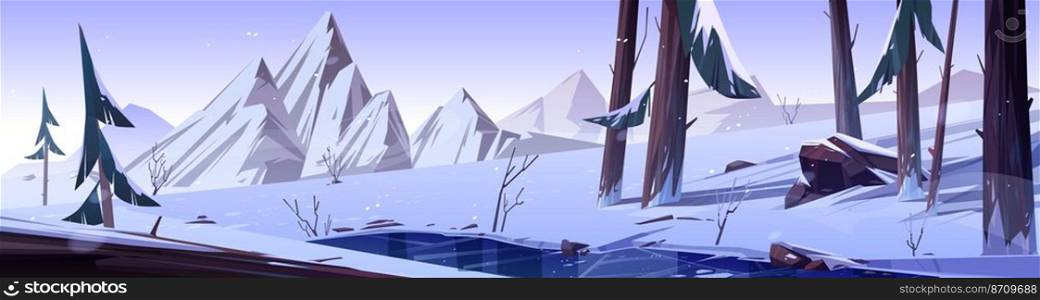Winter forest nature landscape with frozen pond, conifers trees and mountains covered with snow. Cartoon background of wild park or garden with icy lake, rocks, pines and bushes, Vector illustration. Winter forest nature landscape with frozen pond