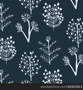 winter forest pattern on dark blue green background . Vector illustration for print, textile