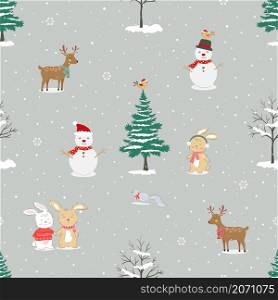 Winter forest seamless pattern with cute animals for decorative,fabric,textile,print or wallpaper,vector illustration