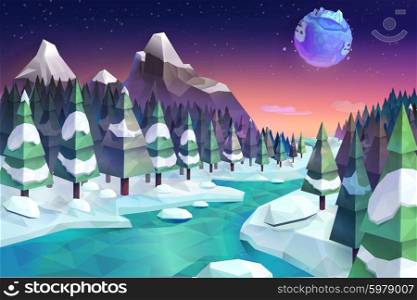 Winter forest, vector background low poly style