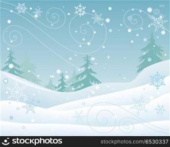 Winter forest vector concept. Flat design. Spruce trees in snowdrifts during snowfall or blizzard, beautiful snowflakes walling. Cold season nature motive. For seasonal ad design, weather illustrating. Winter Forest Landscape Flat Design Vector. Winter Forest Landscape Flat Design Vector