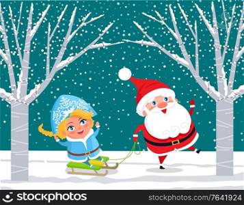 Winter forest with characters having fun. Santa Claus pulling sleds with Snow Maiden. Natural landscape with trees decorated with garlands. New Year eve and Christmas Time holidays. Vector in flat. Santa Claus and Snow Maiden on Sleds in Forest