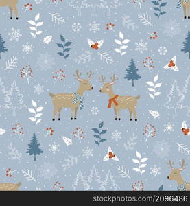 Winter forest with cute deers seamless pattern on blue background for decorative,fabric,textile,kids product or all print,vector illustration