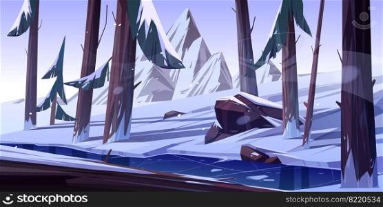 Winter forest with frozen pond. Nature landscape background with conifers trees and mountains covered with snow, wild park or garden with icy lake, rocks, pines and bushes, Cartoon vector illustration. Winter forest with frozen pond, nature landscape