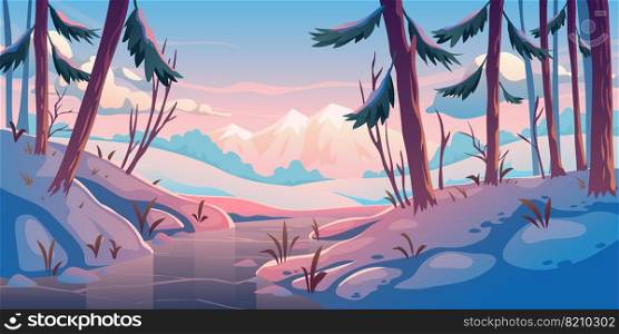 Winter forest with frozen river. Nature landscape background with conifers trees and mountains covered with snow, wild park or garden with icy stream, rocks and pines, Cartoon vector illustration. Winter forest with frozen river, nature landscape