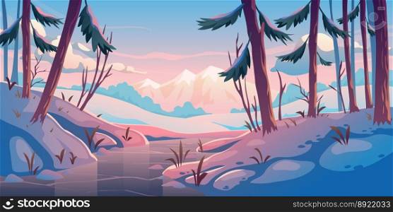 Winter forest with frozen river nature landscape vector image