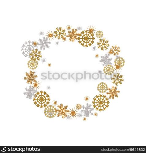 Winter frame with golden and silver flakes of different shapes, snowflakes in round circle ornamental decorative border with winter frozen crystals vector. Winter Frame with Golden and Silver Fakes Vector