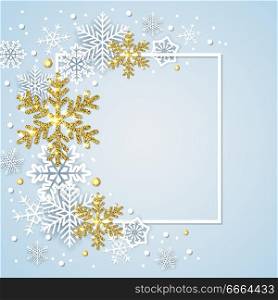 Winter frame with white and golden snowflakes on a blue background. Design for new year and Christmas. Vector illustration.