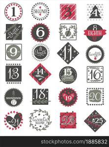 Winter frames and banners with numbers, calendar with decorations. Wintry theme pine branches and snowflakes. Covers and ribbons with calligraphic inscriptions, vector in flat style illustration. Banners and frames with numbers and winter decorations