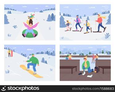 Winter fun activities flat color vector illustration set. Riding on inflatable ring. Mountain family skiing and snowboarding. Ice skating 2D cartoon characters with winter on background collection. Winter fun activities flat color vector illustration set