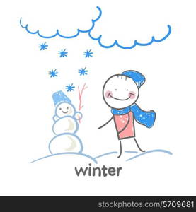 winter. Fun cartoon style illustration. The situation of life.
