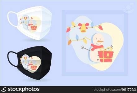 Winter fun face mask mockup with abstract element layout. Wintertime Christmas holiday. Xmas garland. Colourful 2D graphic shapes in modern creative style. Trendy isolated doodles illustration. Winter fun face mask mockup with abstract element layout