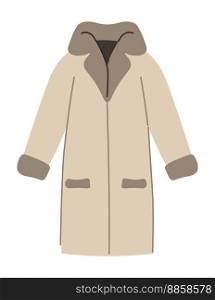 Winter fur coat for cold season, isolated clothes with long sleeves, pockets and hood protecting from frost and wind. Stylish and fashionable apparel or outerwear pieces. Vector in flat style. Fur coat for winter for women, clothes vector
