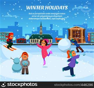 Winter games. Children in clothes playing in park. Outdoor landscape background. Winter snowy holiday with kids girl and boy. Vector illustration. Winter games. Children in clothes playing in park. Outdoor landscape background