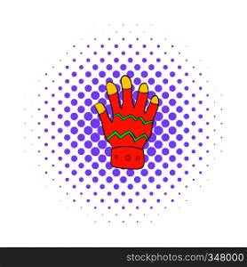 Winter glove icon in comics style on dotted background. Clothing and accessories symbol. Winter glove icon, comics style