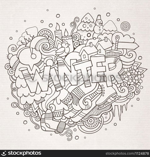 Winter hand lettering and doodles elements background. Vector illustration. Winter hand lettering and doodles elements background