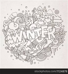 Winter hand lettering and doodles elements background. Vector illustration. Winter hand lettering and doodles elements background