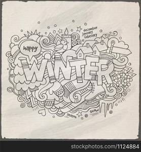Winter hand lettering and doodles elements background. Vector illustration