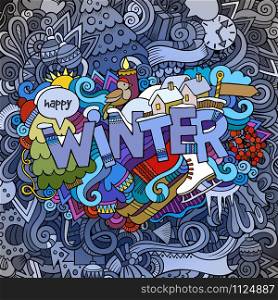 Winter hand lettering and doodles elements background. Vector illustration