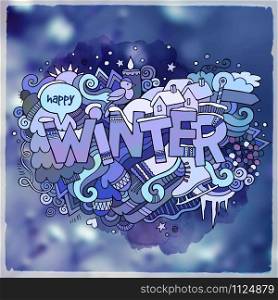 Winter hand lettering and doodles elements blurred background. Vector illustration