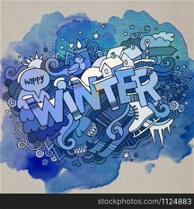 Winter hand lettering and doodles elements watercolor art background. Vector illustration