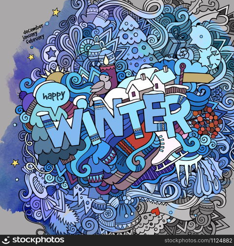 Winter hand lettering and doodles elements watercolor background. Vector illustration