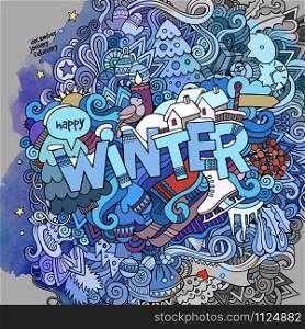 Winter hand lettering and doodles elements watercolor background. Vector illustration