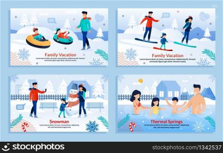 Winter Happy Family Fun and Relaxation on Vacation Banner Flat Set. Father, Mother and Children Relaxing, Resting in Park, Countryside, Forest, Thermal Springs. Vector Cartoon Illustration. Winter Family Fun on Vacation Banner Flat Set
