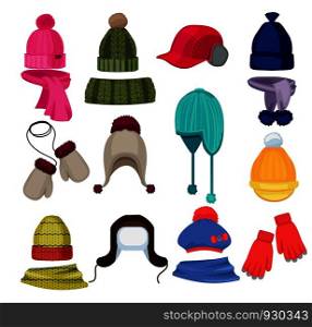 Winter hat cartoon. Headwear cap scarf and other fashion accessories clothes in flat style vector illustrations. Scarf and hat, headwear and winter clothing. Winter hat cartoon. Headwear cap scarf and other fashion accessories clothes in flat style vector illustrations