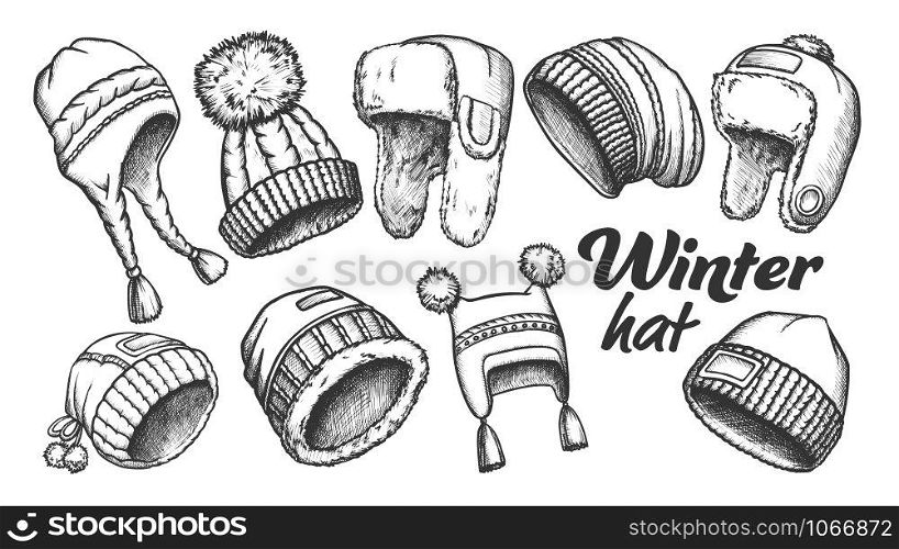 Winter Hat Clothing Accessory Retro Set Vector. Collection Of Woollen Hap With Fluffy Pompons And Fur, Earflap And Visor Engraving Concept Template Designed In Vintage Style Monochrome Illustrations. Winter Hat Clothing Accessory Retro Set Vector