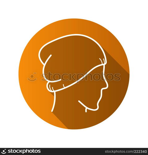 Winter hat flat linear long shadow icon. Ski cap on mannequin's head. Vector line symbol. Winter hat flat linear long shadow icon