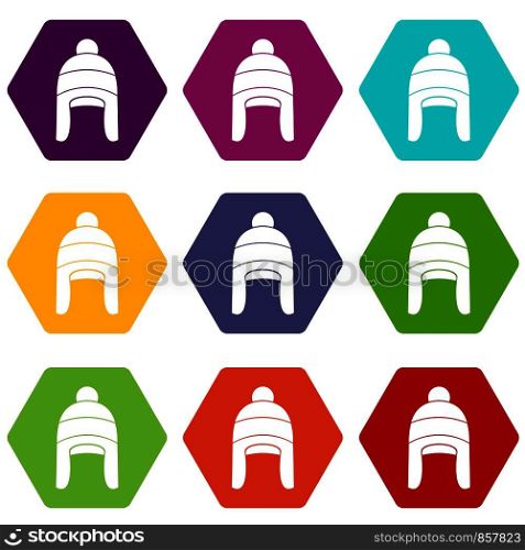 Winter hat icon set many color hexahedron isolated on white vector illustration. Winter hat icon set color hexahedron