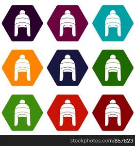 Winter hat icon set many color hexahedron isolated on white vector illustration. Winter hat icon set color hexahedron