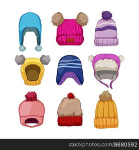 winter hat kid set cartoon. cap cold, headwear autumn, accessory man, fun pompom, knit winter hat kid vector illustration. winter hat kid set cartoon vector illustration