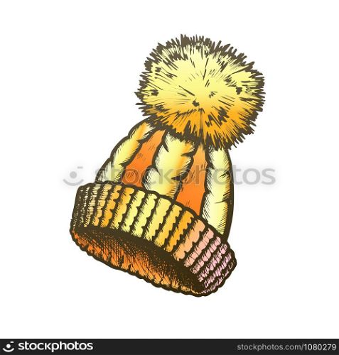 Winter Hat With Woolen Pompon Color Vector. Knitted Hat Warm Wearing Accessory For Cold Weather Engraving Concept Template Hand Drawn In Vintage Style Illustration. Winter Hat With Woolen Pompon Color Vector