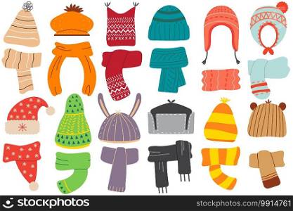 Winter hats. Collection of colouring woolen cotton knitting autumnal wintry headwear hats and scarf for kids. Childish knitted autumn garment and accessories for cold seasonal weather illustration.. Winter hats doodle set