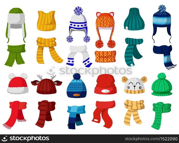 Winter hats. Kids knitting autumn headwear, hats and scarf, cold weather children accessories isolated vector illustration icons set. Child knitted scarf, accessory headwear, autumn childish garment. Winter hats. Kids knitting autumn headwear, hats and scarf, cold weather children accessories isolated vector illustration icons set