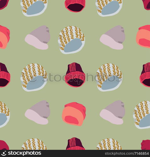 Winter headwear Illustration of knitted beanies seamless pattern on green background. Web, wrapping paper, textile, wallpaper design, background fill.. Illustration of knitted beanies seamless pattern on green background