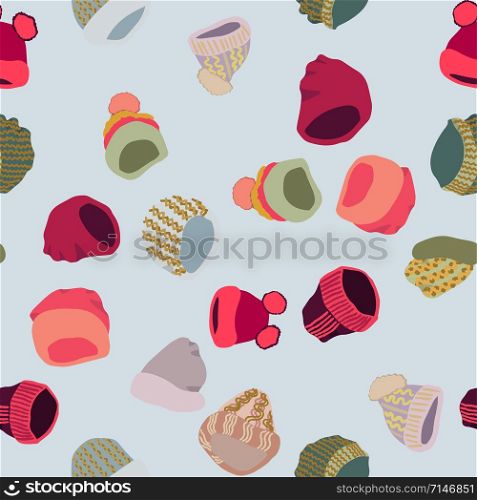 Winter headwear. Illustration of knitted hats and beanies in seamless pattern on blue background. Web, wrapping paper, textile, wallpaper design, background fill.. Illustration of knitted hats and beanies in seamless pattern on blue background
